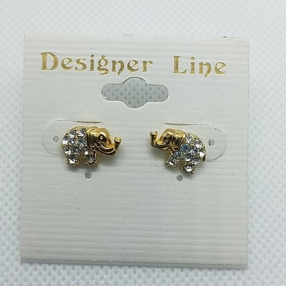 NWT Designer Line Gold Rhinestone Elephant Earring - Picture 1 of 2